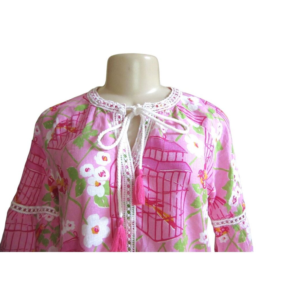 Spartina 449 Pink Wren Bird Cage Linen Tunic Top w Tassle Closure in Size Small - Picture 2 of 7